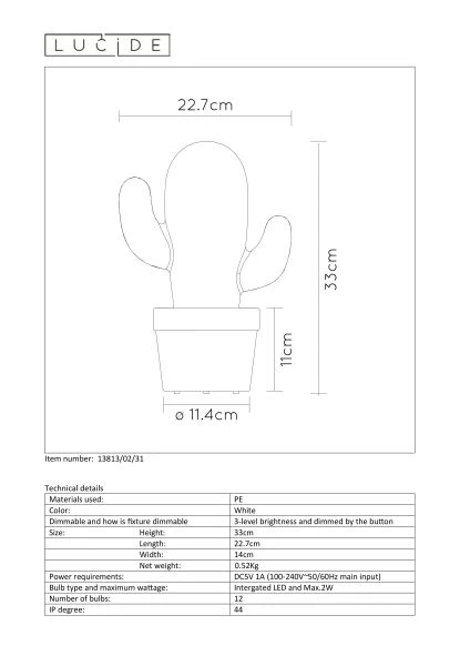 Lucide CACTUS - Oplaadbare Tafellamp Buiten - Accu/Batterij - Ø 22,7 cm - LED Dimb. - 1x2W 2700K - IP44 - Wit - technisch